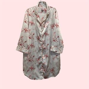 Marianne Silky Satin Cherry Blossom Sz L Sleep Shirt Nightgown Button Lounge